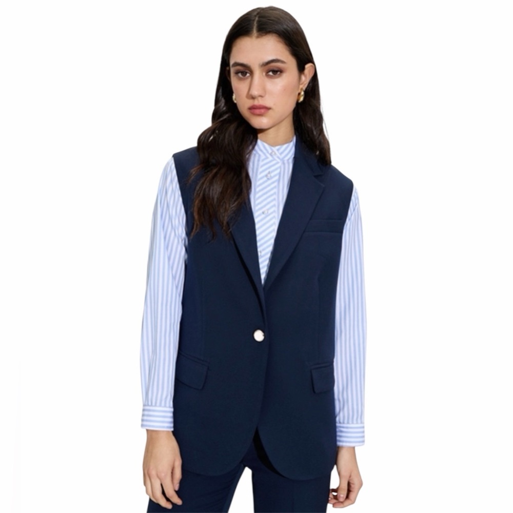 Joie Navy Blue Tailored Vest Sleeveless Blazer Longline Notched Lapel Size 8 NWT